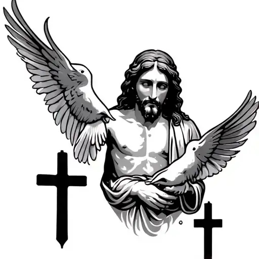 Jesus tattoo with three crosses at the bottom and two doves facing the opposite way tattoo design idea