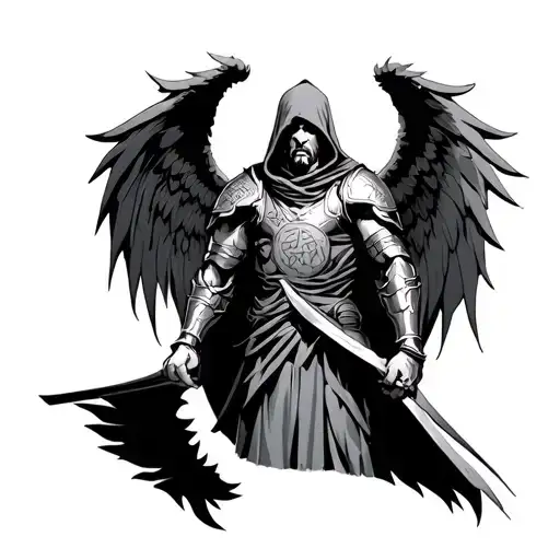 a masculine male angel wearing a hood. wearing armour carved with runes. demon wings in shadow s wrap around the figure tattoo design idea