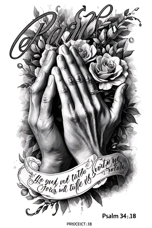"Psalm 34:18" pray hands tattoo design idea