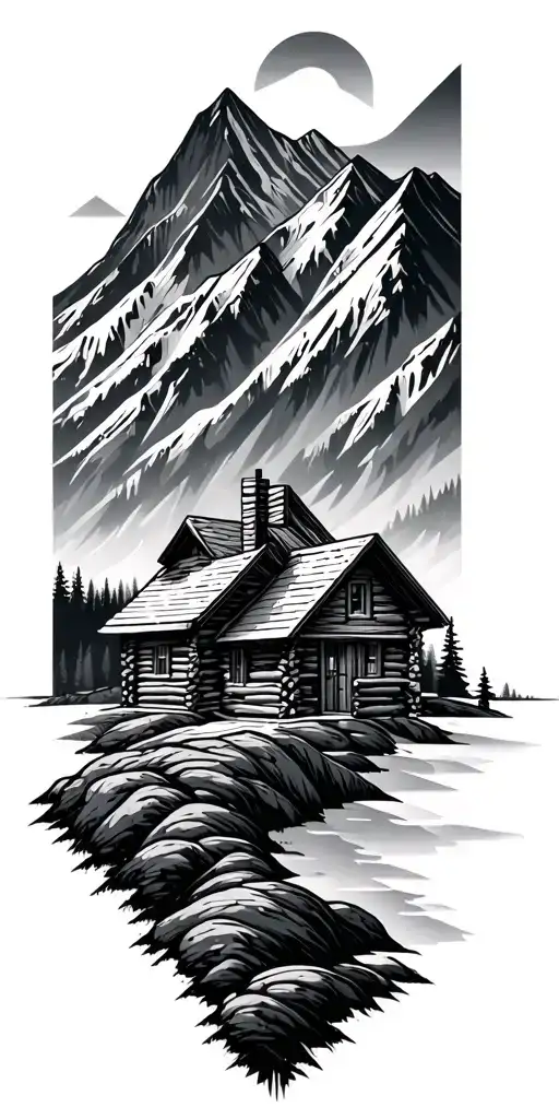 A geometric mountain landscape incorporating a log cabin tattoo design idea