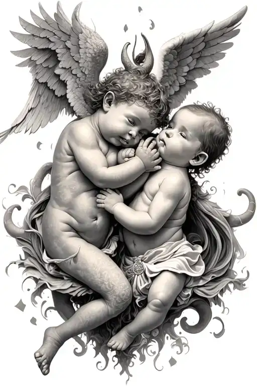 Two baby angels fighting a demon   tattoo design idea
