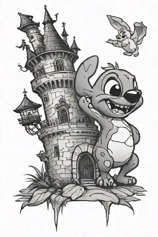 stitch hugging Olaf Disney castle surrounded tattoo design idea