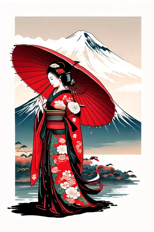 Geisha stands with a red umbrella facing Mount Fuji, Kimono on the geisha is decorated with a crane. Near the mountain t tattoo design idea