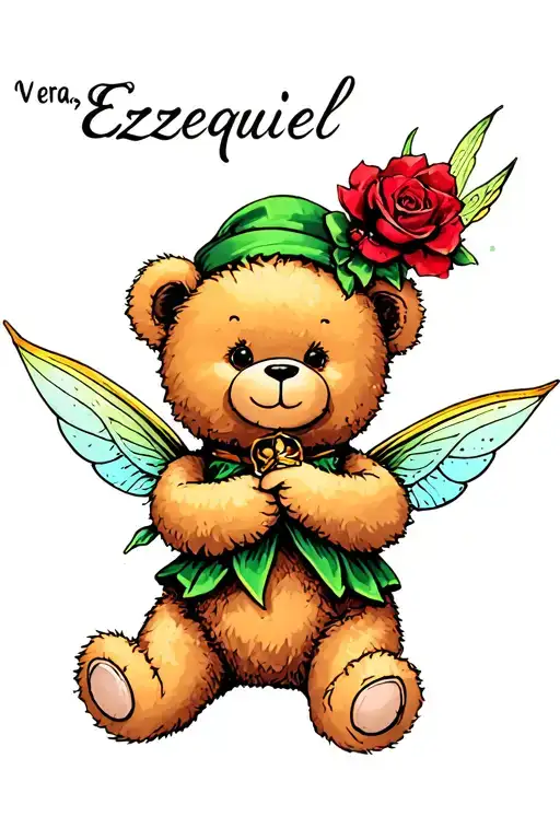 " Vera , Ezequiel" cute teddy bear holding cute little tinker bells hand procter tattoo design idea