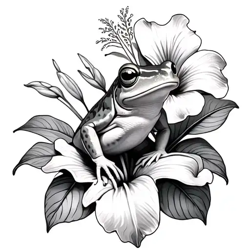 hibiscus flowers, lilys, rainforest frog sitting on flower, waterfall,  tattoo design idea