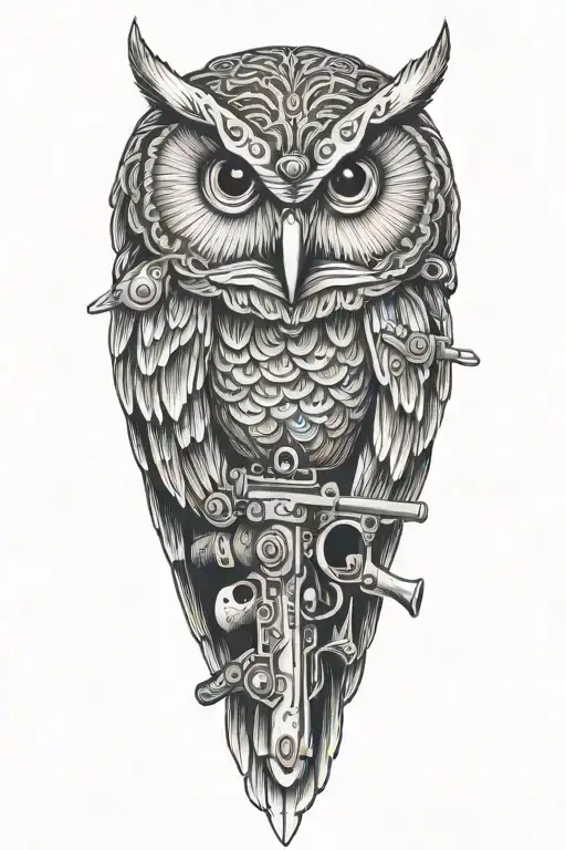 owl with old rifle tattoo design idea