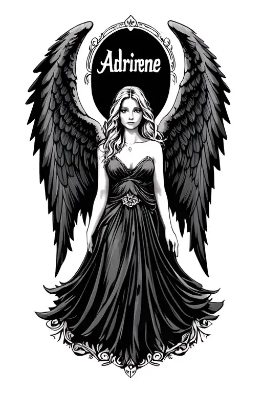 the name Adrienne with angel wings with no women  tattoo design idea