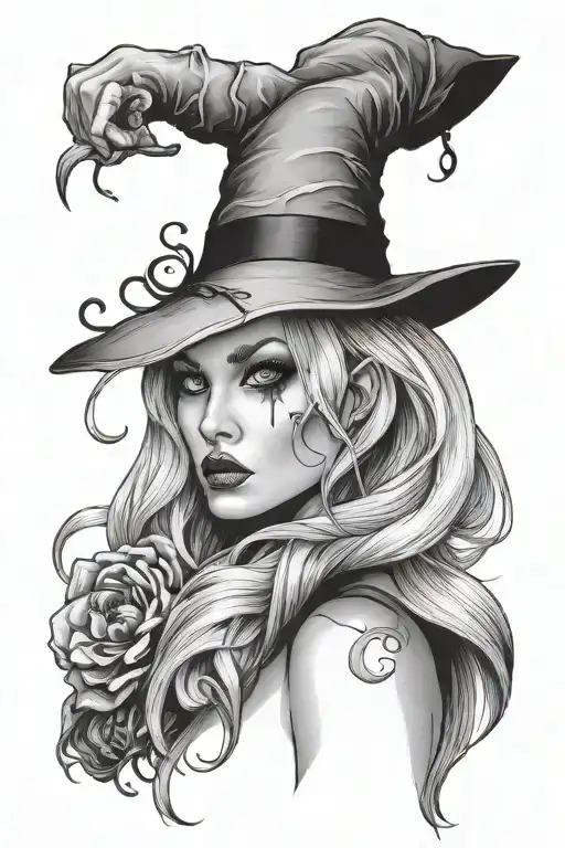 wild witch with Black eyes and blonde hair tattoo design idea