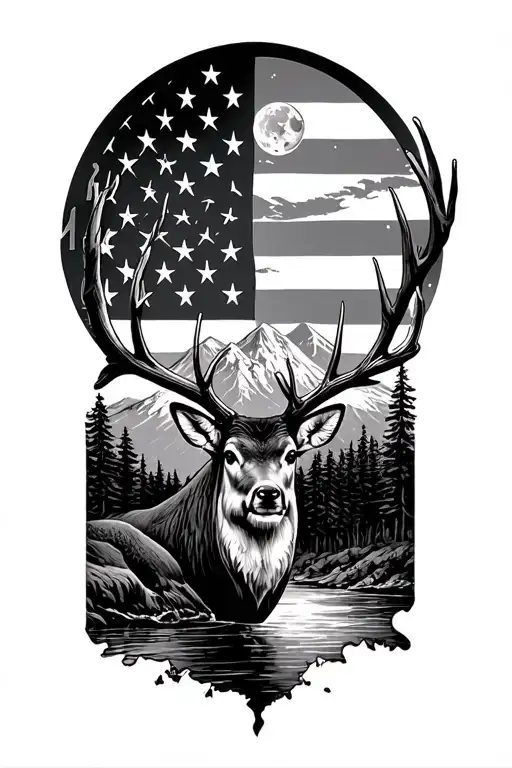 mountain, torn u.s flag, moon light river not all who wonder are lost compass mule deer tattoo design idea