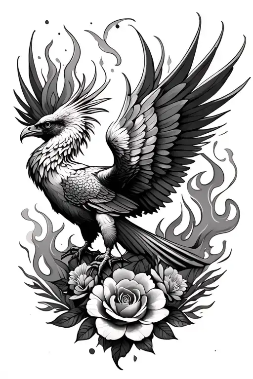 phoenix on thigh with smoke or flames and floral tattoo design idea