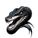 front-facing cobra head with its hood flared wide, designed to convey power and intimidation. The cobra’s almond-shaped  tattoo design idea