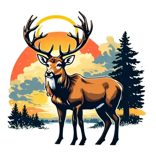 a buck deer standunding in a cloudy sunset with a halo hanging from one antler tattoo design idea