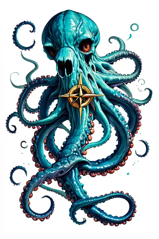 kraken with compass rose wrapped tattoo design idea