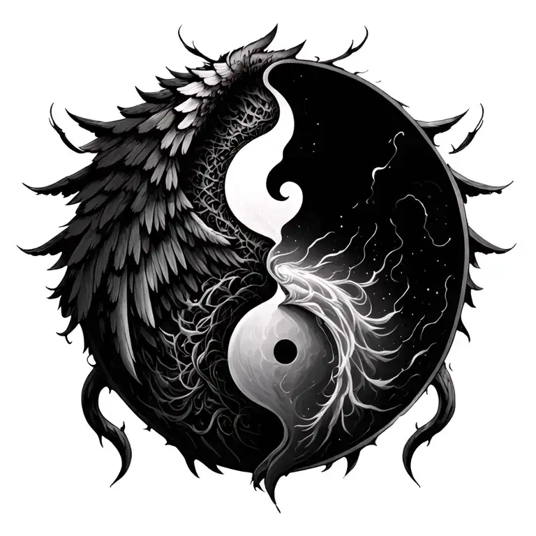  back divided in two parts, good and evil. hell and heaven. angel and devil. yin and yang tattoo design idea