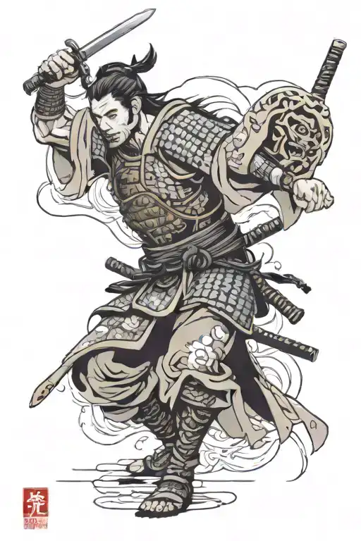 samurai warrior with broken armor holding tattoo design idea