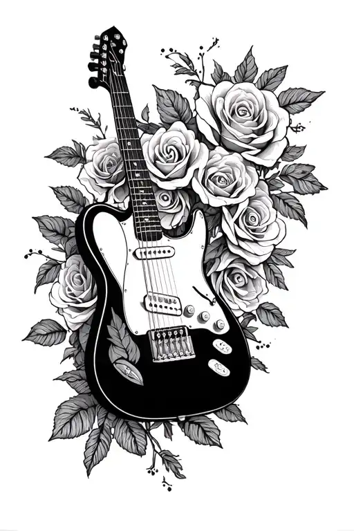 guitar intertwined with a delicate line drawing including rose tattoo design idea