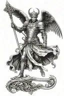 a seraph with six wings behind his back, with a scythe in his hands, in armor and a crown on his head tattoo design idea