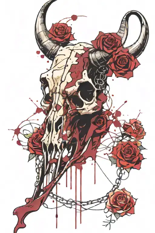 a bull skull tattoo, a thin chain hanging from one of its horns, and several roses in aggressive burgundy tones tattoo design idea