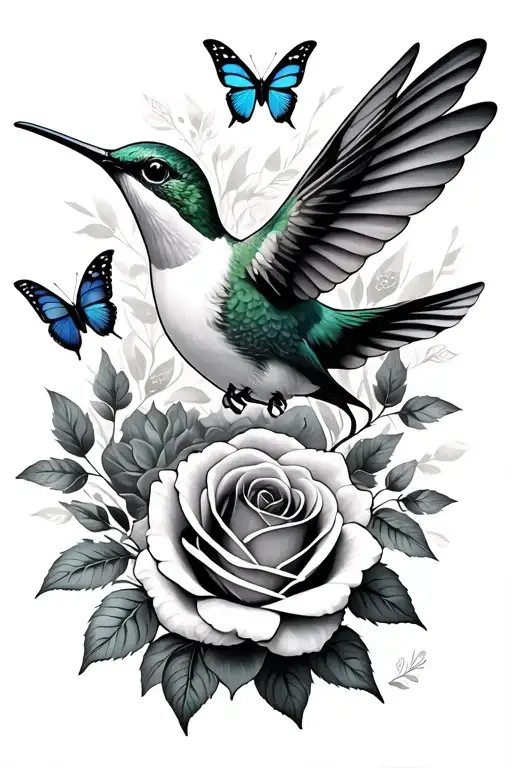 hummingbird with roses and butterflies  tattoo design idea