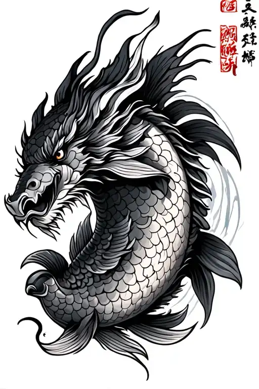 carp koi transforming into a dragon traditional Japanese black and gray tattoo design idea