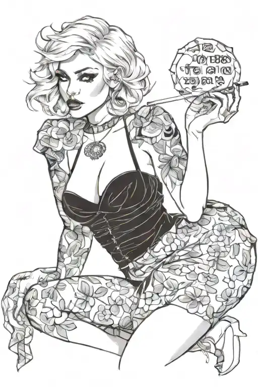 Sexy girl, Huge cleavage, wide hips, petite, big booty, torn clothing, short white bob hairstyle, smoking a cigarette tattoo design idea