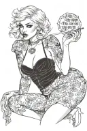 Sexy girl, Huge cleavage, wide hips, petite, big booty, torn clothing, short white bob hairstyle, smoking a cigarette tattoo design idea