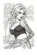 Sexy girl, Huge cleavage, wide hips, petite, big booty, torn clothing, short white bob hairstyle, smoking a cigarette tattoo design idea