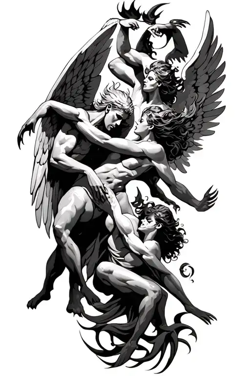 heaven vs hell theme with angels and demons fighting tattoo design idea