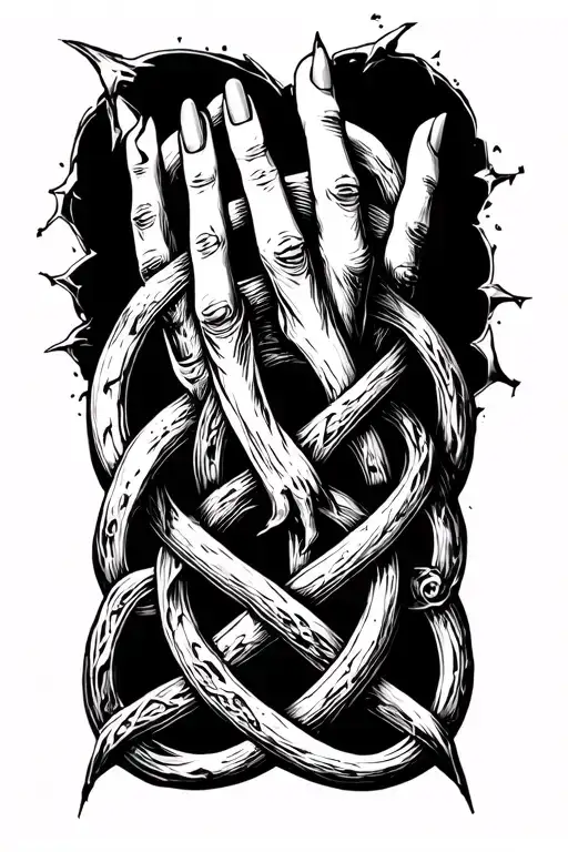 ripped skin to a celtic knot underneath entertwining jesters fingers that. dark black lines crude and scary. no shading. tattoo design idea