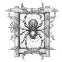 An abstract representation of a spider intertwined with cybersigilism symbols on a fence tattoo design idea