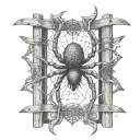 An abstract representation of a spider intertwined with cybersigilism symbols on a fence tattoo design idea