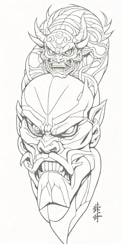 male anime character  oni mask fighting off inner demons with minimal black tattoo design idea