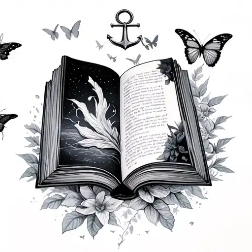 Marine anchor/flight of butterflies/open book tattoo design idea