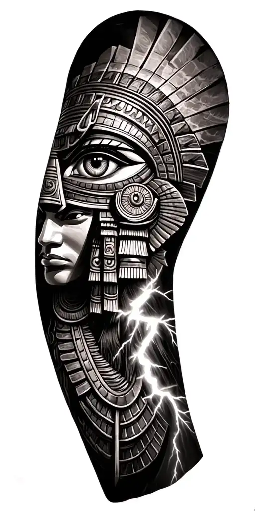A Fusion Of Inka And Egyptian Symbolism, Featuring mayan God and All Seeing Eye and lightning bolt tattoo design idea