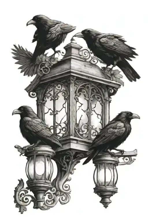 three ravens sitting on a doorstep in front of a Gothic door with a lantern style porch light tattoo design idea