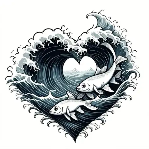 ocean wave forming heart with fish as symbol of christianity tattoo design idea