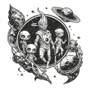 A celestial-themed tattoo featuring anime-inspired alien characters exploring a galaxy filled with stars tattoo design idea