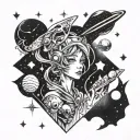 A celestial-themed tattoo featuring anime-inspired alien characters exploring a galaxy filled with stars tattoo design idea