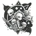 A celestial-themed tattoo featuring anime-inspired alien characters exploring a galaxy filled with stars tattoo design idea
