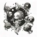 A celestial-themed tattoo featuring anime-inspired alien characters exploring a galaxy filled with stars tattoo design idea