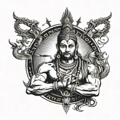 create a tatoo of mahadev carrying trishul in hand for arms in mandela style including the Sanskrit text preserver and d tattoo design idea