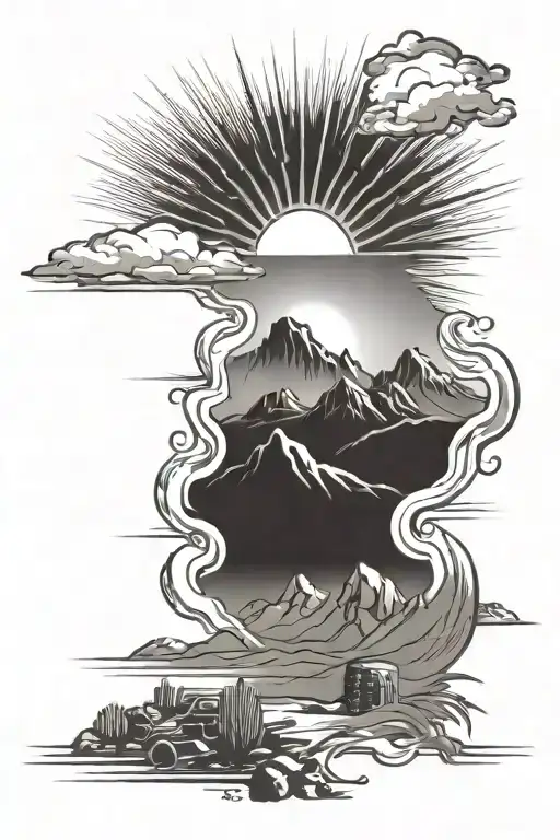 desert sun with mountains and sun rays tattoo design idea
