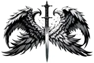 one devil wing and a angel wing devided by a samurai sword, broken  tattoo design idea