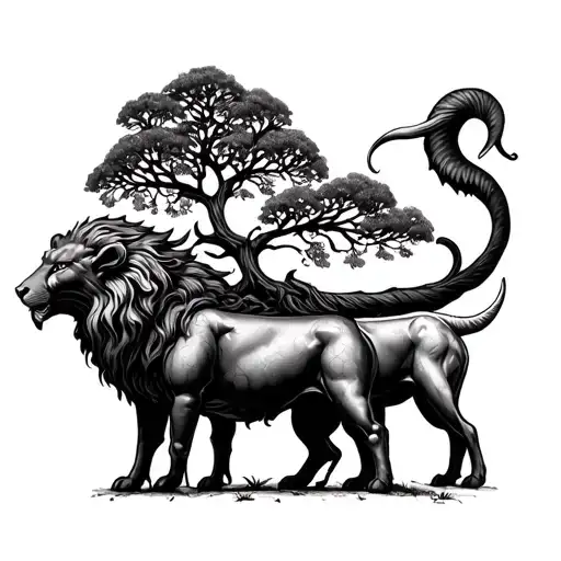 medieval art, tree of life with bull, lion and goat, celtic style tattoo design idea