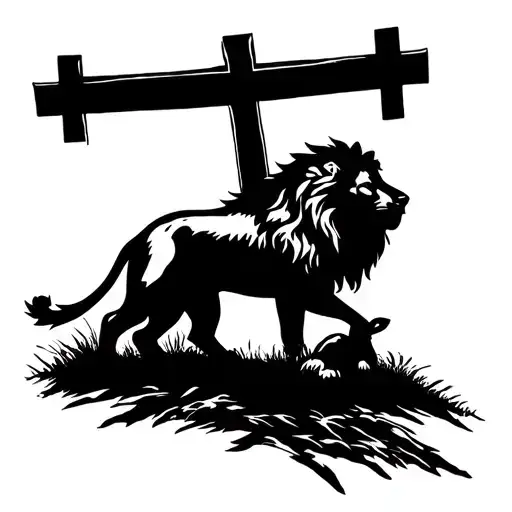 lion silhouette over a cross with a lamb at the foot of the cross tattoo design idea