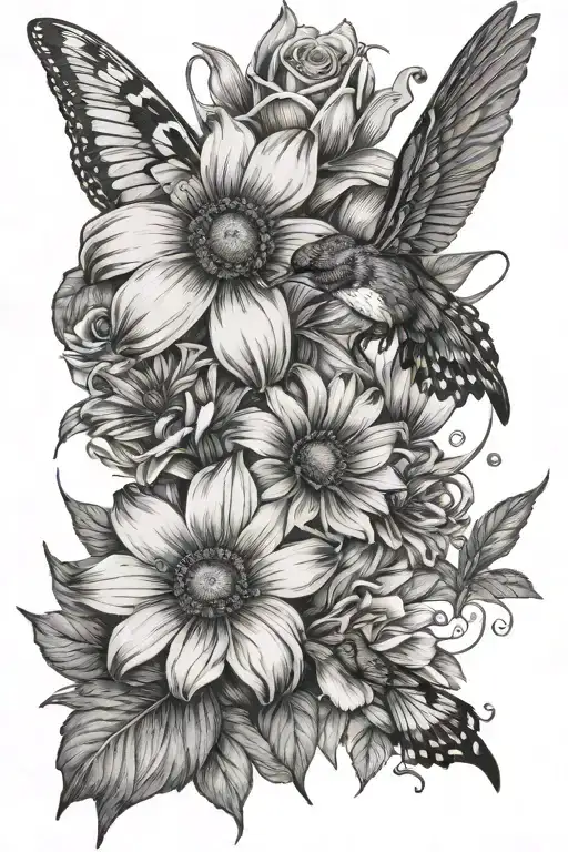 Daisy, black eyed Susan, iris, rose, and a humming bird black and white  tattoo design idea