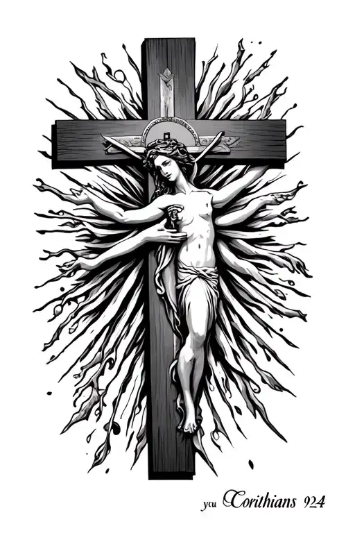 cross, virgin marry and text saying Corinthians 9:24 tattoo design idea