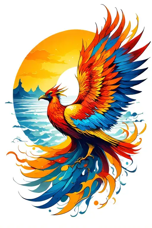 Sun rising Phoenix bird tattoo design idea