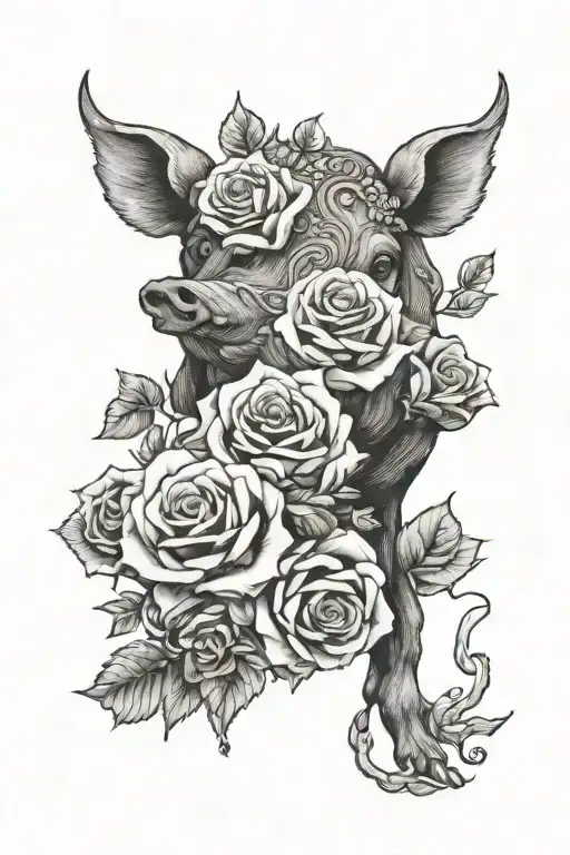 wild hog with roses tattoo design idea