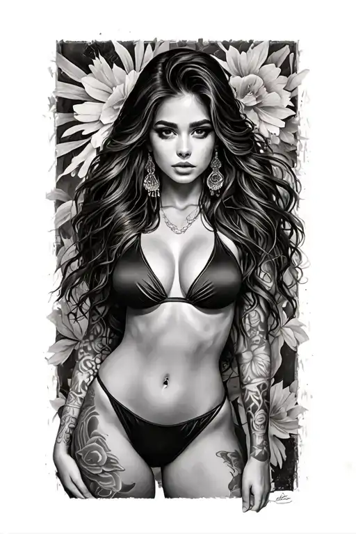 Sexy girl, petite, small boobs, wide hips, bikini . long hair,sexual. Seductive. Full Body, standing with legs and feet tattoo design idea